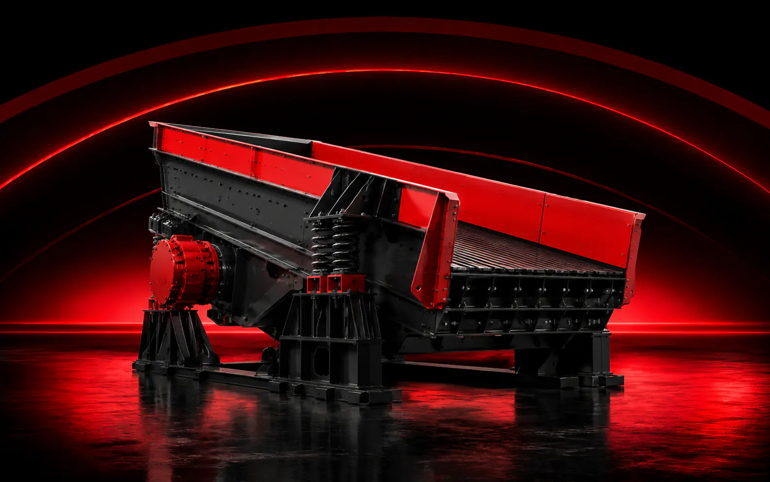 Alimentador vibratório industrial com calha, molas e sistema de acionamento