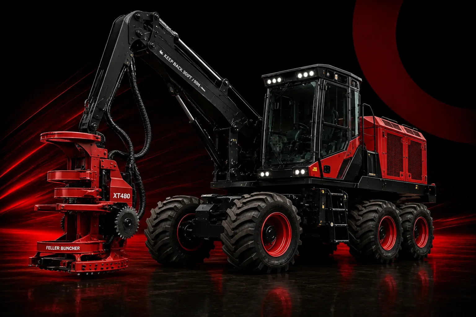 Feller Buncher florestal vermelho com cabeçote de corte e cabine protegida