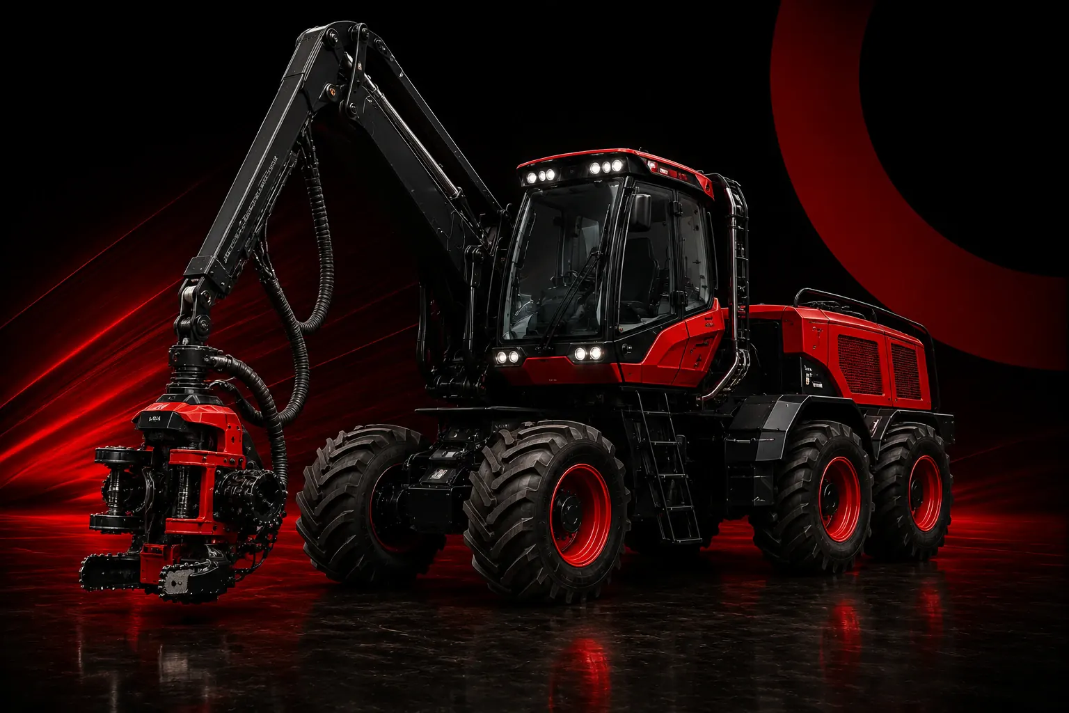 Harvester florestal vermelho com cabeçote processador e lança hidráulica
