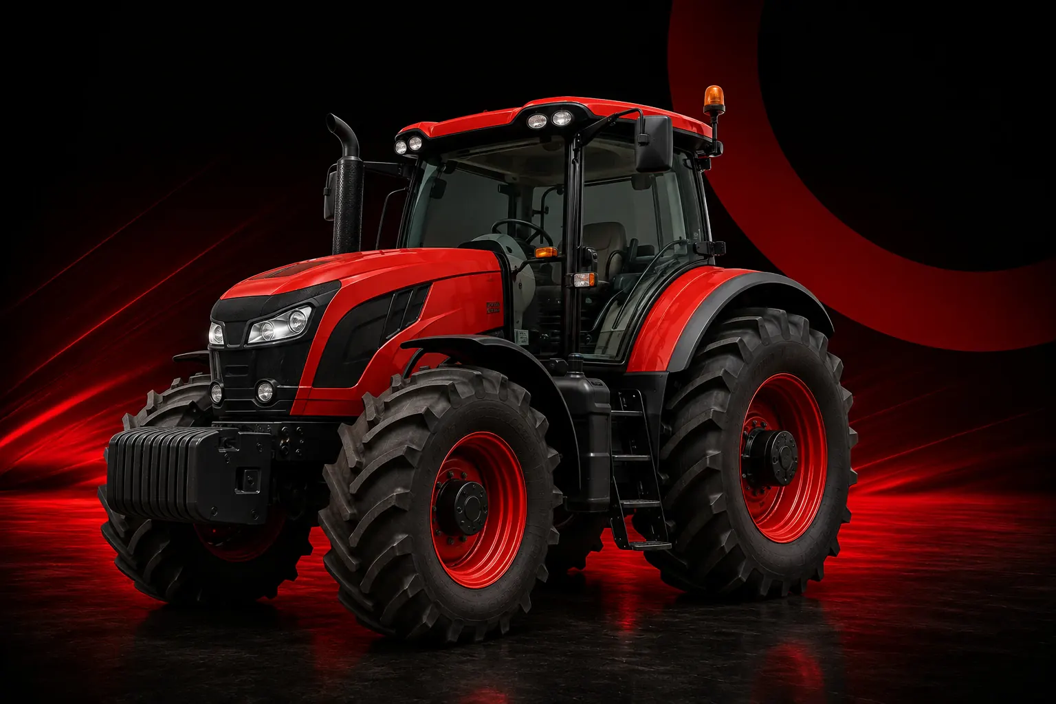 Trator agrícola vermelho com cabine fechada e pneus de grande porte